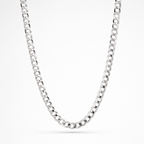 A polished silver-tone curb chain necklace draped in a U-shape against a clean white background.