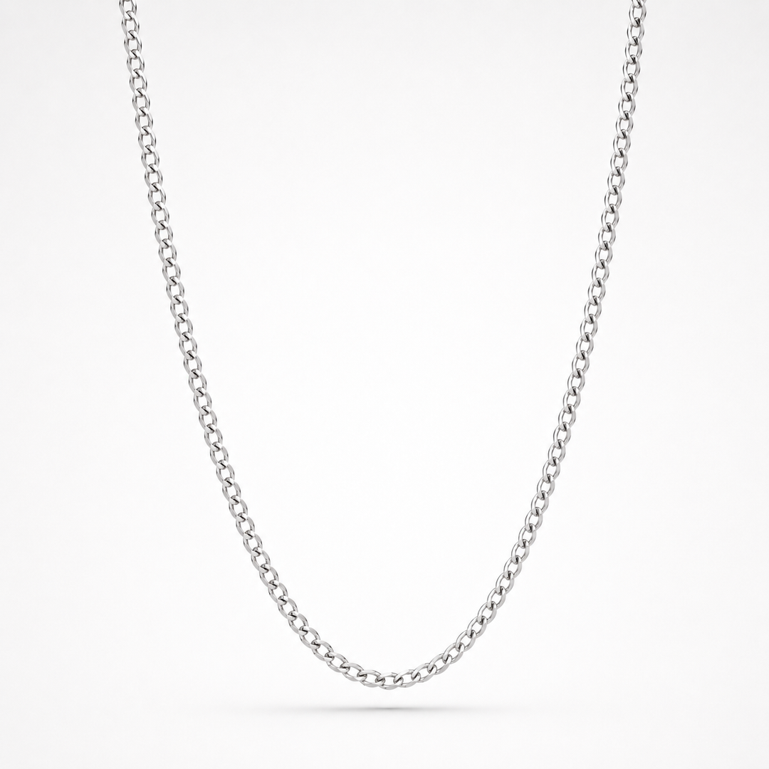 A silver-toned metal chain necklace, shown draped in a U-shape against a clean white background.