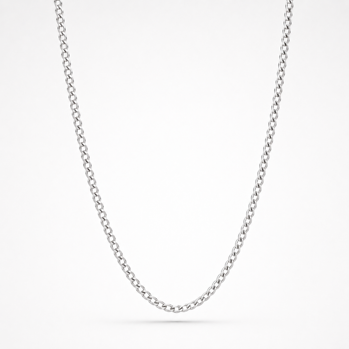 A silver-toned metal chain necklace, shown draped in a U-shape against a clean white background.