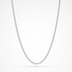 A silver-toned metal chain necklace, shown draped in a U-shape against a clean white background.