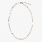 A classic pearl necklace with small white pearls and silver spacer beads, featuring a silver clasp and extender chain, shown on a light gray background.