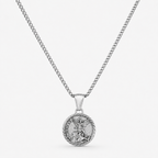 A silver-toned chain necklace with a round pendant featuring a detailed dragon design and the words 'HARD AS A BONE' on a light gray background.