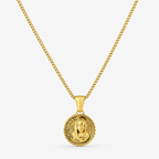 A gold chain necklace with a circular pendant featuring a detailed Buddha face in relief, set against a clean white background.