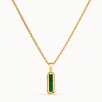 A gold chain necklace with a vertical rectangular pendant featuring a green striped inlay, shown against a plain white background.