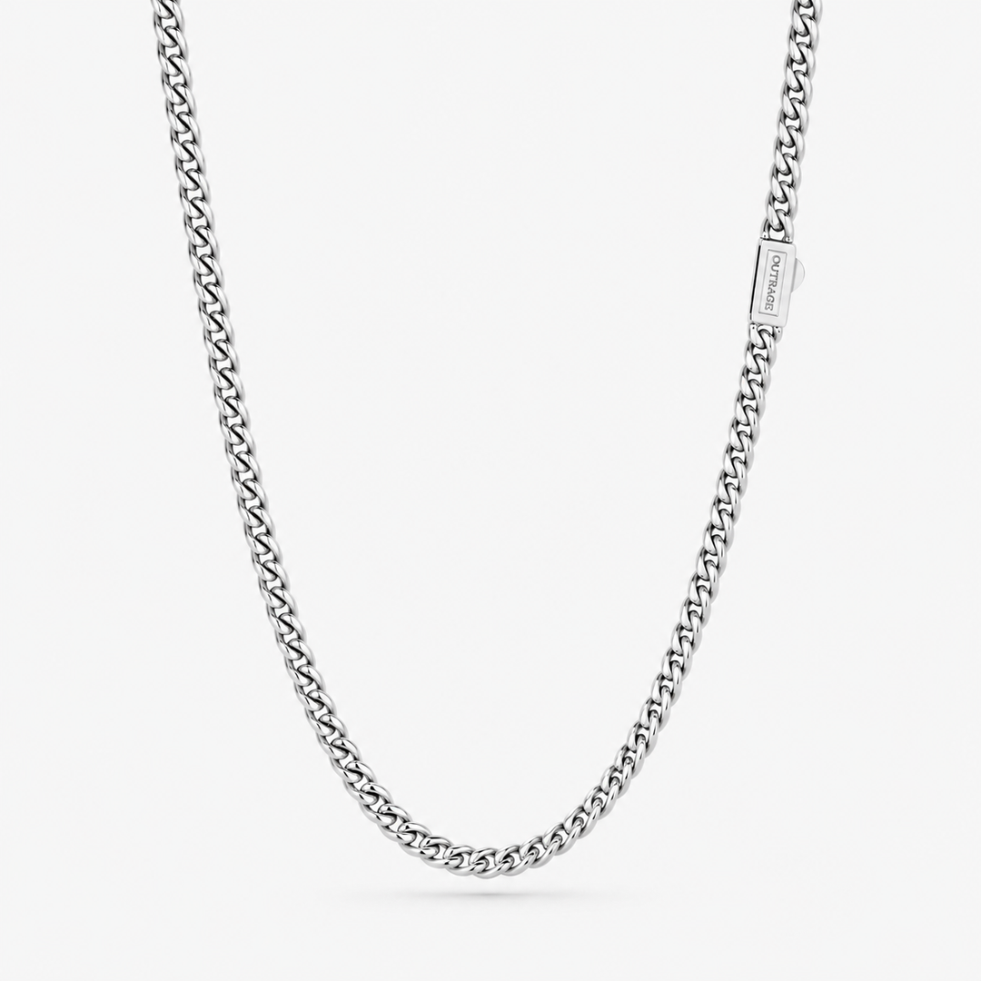 Silver chain necklace on a white background