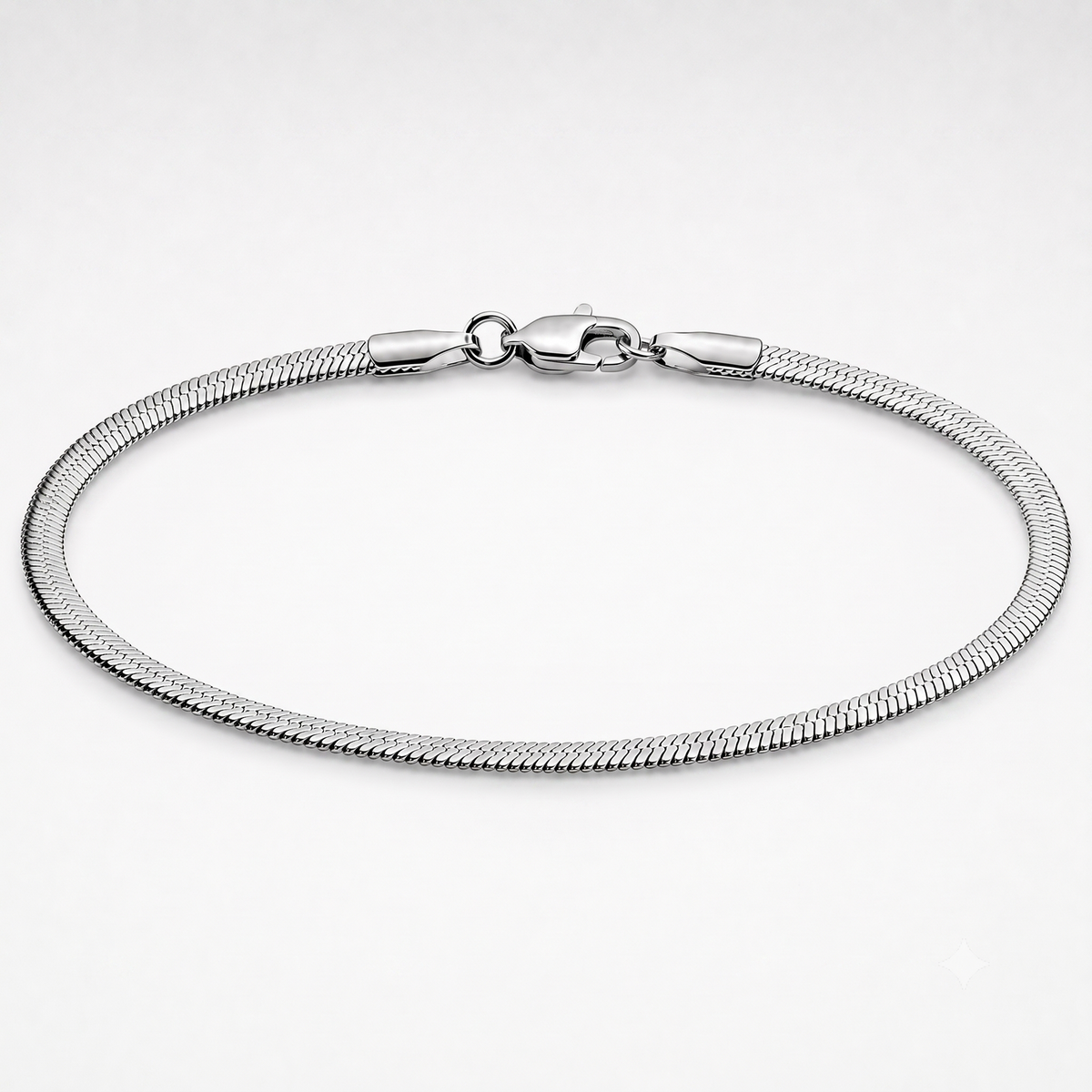 A silver-toned metal snake chain bracelet with a lobster clasp, displayed in a circular shape on a clean white background.