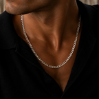 A close-up of a man wearing a silver chain necklace over a black collared shirt.