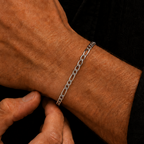 A close-up of a man's wrist wearing a silver chain link bracelet, with his other hand adjusting it. He is wearing a black button-down shirt.