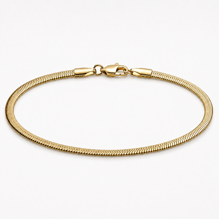 A gold-colored snake chain bracelet with a lobster clasp, displayed in a neat circular shape on a clean white background.