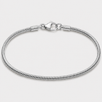 A silver-toned snake chain bracelet with a lobster clasp, displayed in a circular shape against a light gray background.