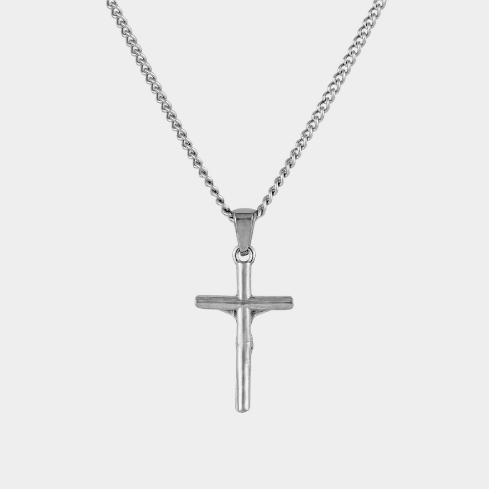 Silver Crucifix Cross Necklace Pendant on a white background