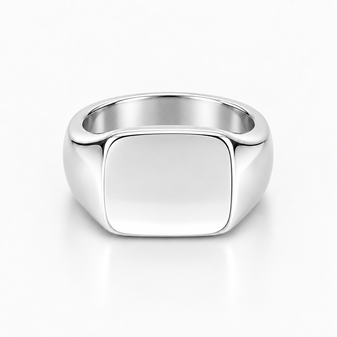A polished silver signet ring with a square-shaped face, shown on a clean white background.