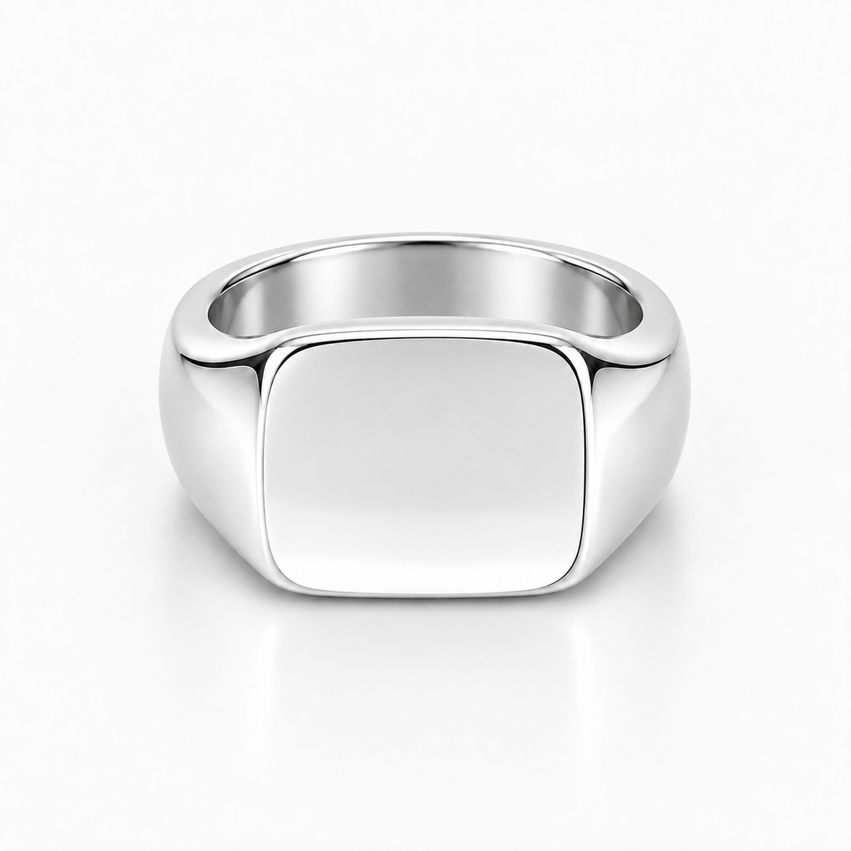A polished silver signet ring with a square-shaped face, shown on a clean white background.