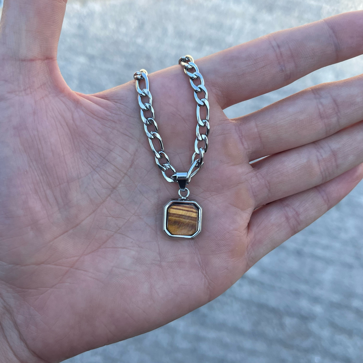 Silver Genuine Tiger Eye Stone Necklace Pendant