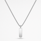 A silver-toned stainless steel chain necklace with a flat, polished rectangular dog tag pendant, shown against a light gray background.