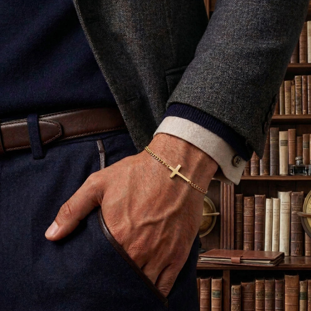 A close-up of a person's hand wearing a gold cross bracelet, with a bookshelf in the background.