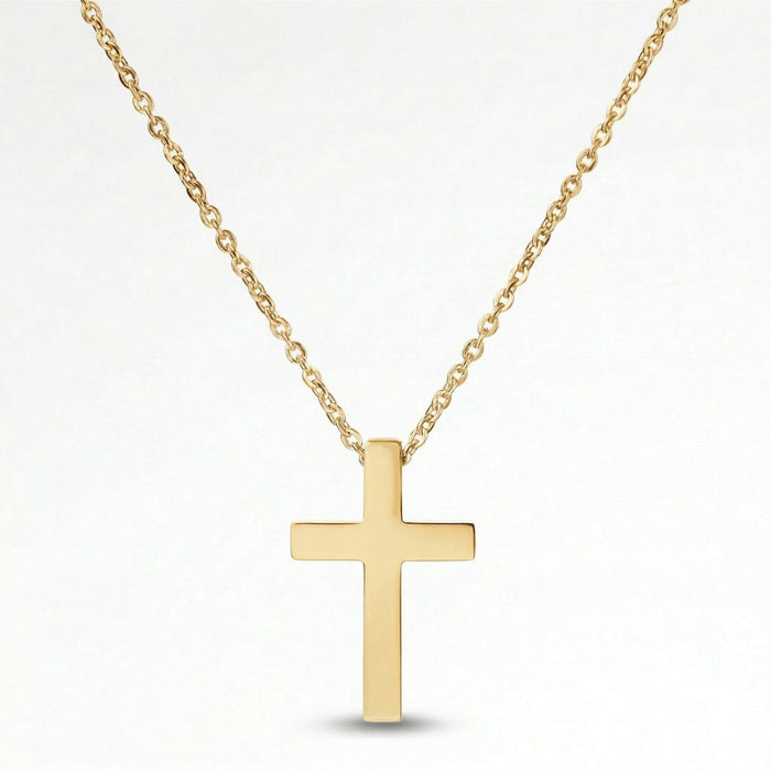 A gold cross pendant necklace against a white background.