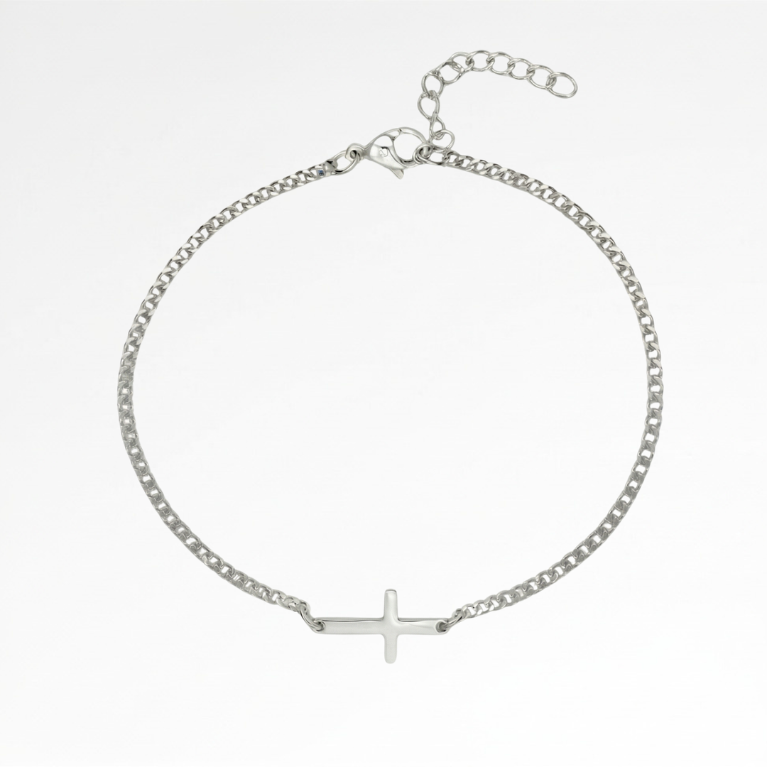 Silver Cross Bracelet Cuban Chain 3MM