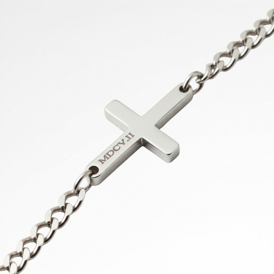 Silver Cross Bracelet Cuban Chain 3MM