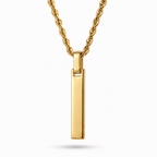 A gold-plated vertical bar pendant necklace on a twisted rope chain, shown against a plain white background with a soft shadow.