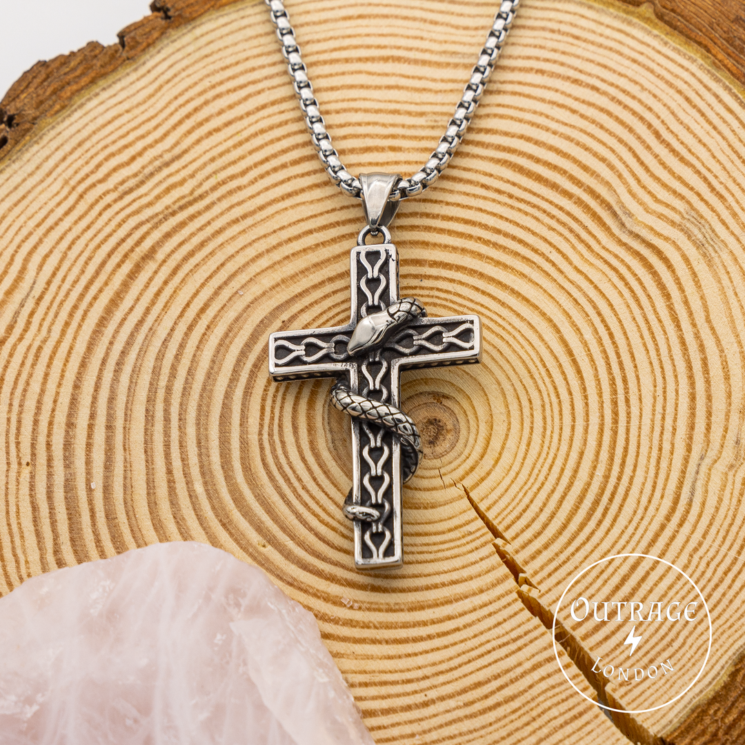 Silver Snake Cross Necklace Pendant